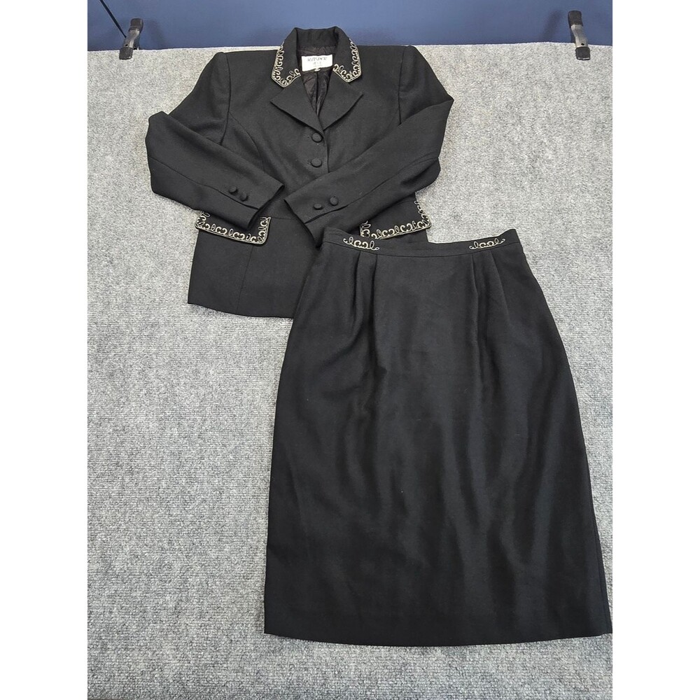 Kasper ASL Petite Skirt Suit Womens 8P Black Embroidered Blazer Pencil Skirt